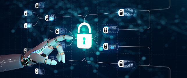 Ai robot hand on Technology and digital layer effect. Blockchain technology with diagram of chain and encrypted blocks on blue background. Block chain network with Artificial Intelligence Concept.