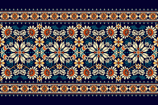 Floral Cross Stitch Embroidery on navy blue background.geometric ethnic oriental pattern traditional.Aztec style abstract vector illustration.design for texture,fabric,clothing,wrapping,decoration.