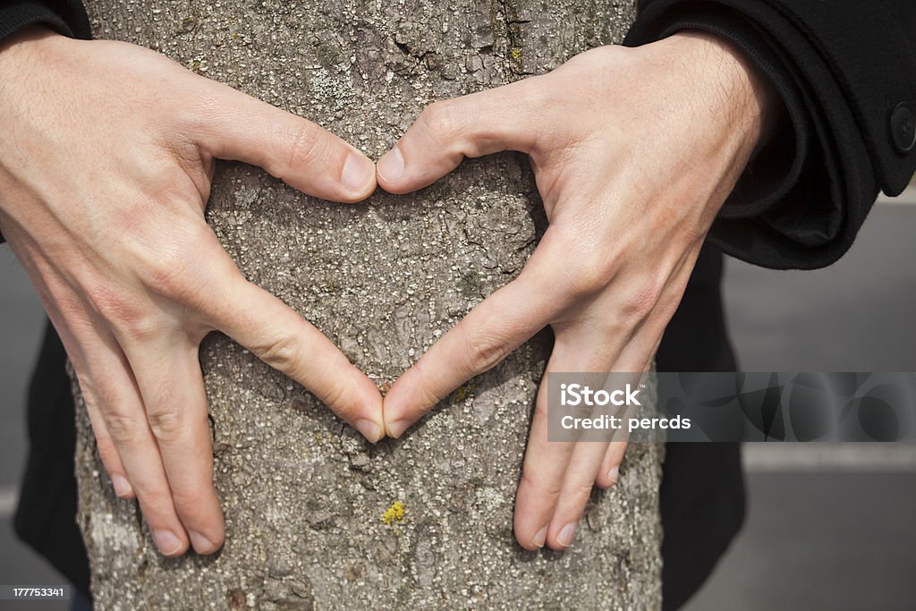 Hand in Herzform auf einem Baumstamm. - Lizenzfrei Arm umlegen Stock-Foto