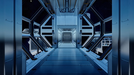 Navigating the spaceship's passageway, drifting by doors to side chambers, fading into the limitless realm of space.