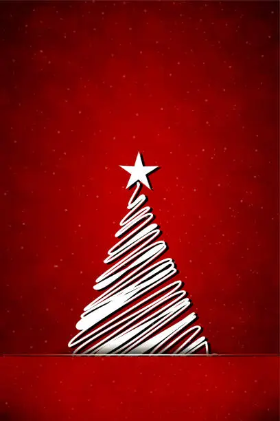 Vector illustration of A vertical vector wallpaper of one white colored  scribbled abstract Christmas tree slid from a border or slit over bright vibrant dark red maroon color xmas background