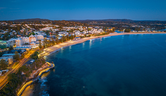 Early morning aerial seascape panorama over the sheltered ocean bay at The Haven in Terrigal on the Central Coast, NSW, Australia.
