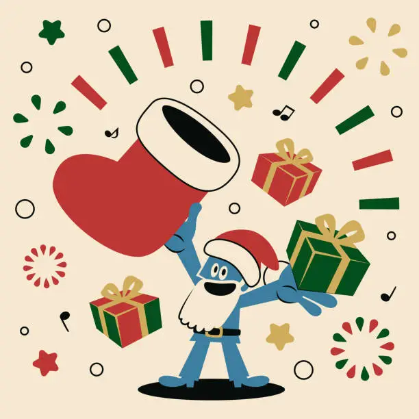 Vector illustration of Happy blue Santa Claus showing a big Christmas stocking and giving Christmas presents