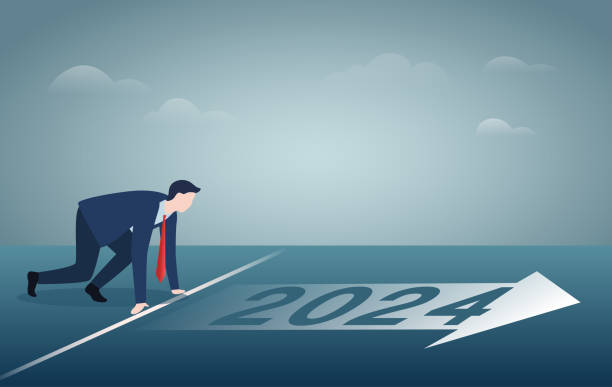 illustrazioni stock, clip art, cartoni animati e icone di tendenza di business planning, nuovo viaggio, concetto di competizione. inizio di una gara, nuovo anno, 2024 - businessman starting block business sport