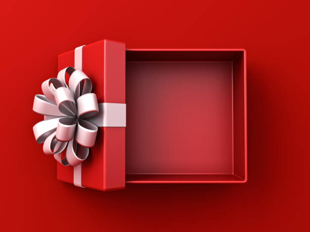 istock Top view of white ribbon bow present box or opened gift box with lid on dark red background with shadow minimal conceptuals for christmas and valentines day 3D rendering 1777568795