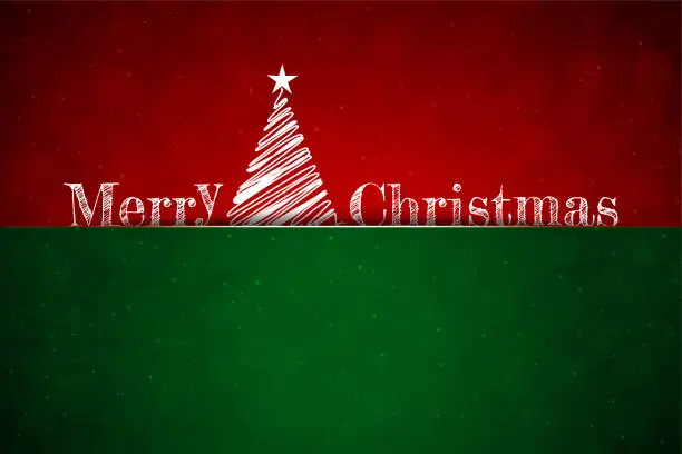 Vector illustration of Dark bright vibrant red maroon and green horizontal festive glowing glittering vector backgrounds with one abstract scribbled Xmas tree with a star and text Merry Christmas