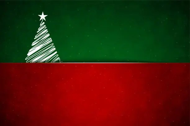 Vector illustration of Dark bright vibrant red maroon and green horizontal festive glowing glittering halved vector backgrounds with one abstract scribbled festive Merry Christmas Xmas tree with a star