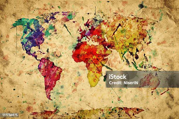 Vintage World Map Colorful Paint Watercolor On Grunge Old Pap Stock Photo - Download Image Now