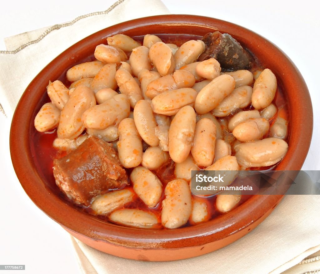 Asturian bean Asturian bean stew served in a clay plate Bean Stock Photo