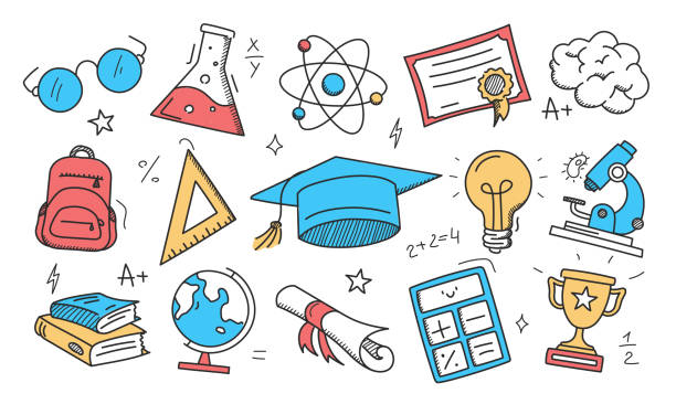 ilustrações, clipart, desenhos animados e ícones de educação doodle ícones definir vetor isolado - science book glass document