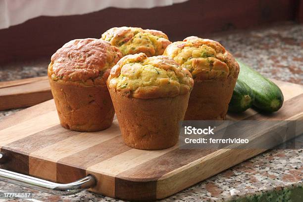 4 Muffins Made Out Of Zucchini On A Wooden Board Stock Photo - Download Image Now - Muffin, Salt - Seasoning, Zucchini