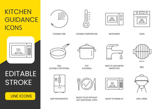 stockillustraties, clipart, cartoons en iconen met elevate your culinary experience with bbq, oven, microwave, precision cooking, and more. enjoy quick, easy cooking, and keep ingredients fresh with our iconic kitchen tools - recept instructies