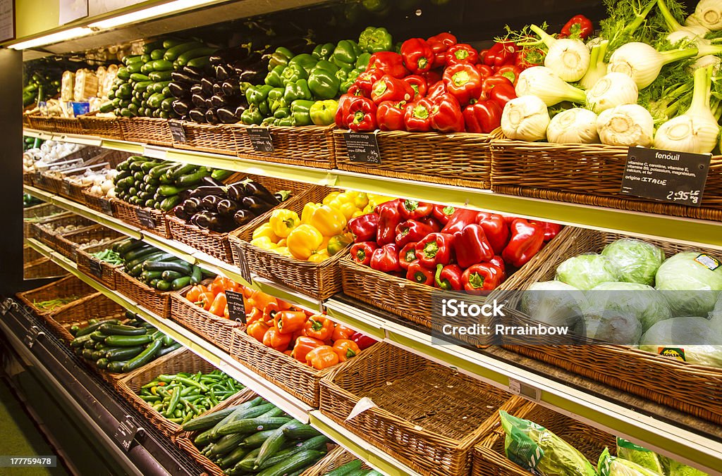 Vegetable section of store in Paris, France Vegetable section in the big city department store, Paris, France Greengrocer's Shop Stock Photo