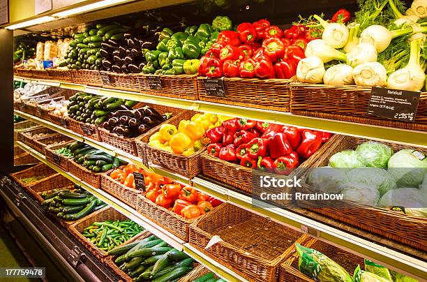 Vegetable Section Of Store In Paris France Stock Photo - Download Image Now - Greengrocer's Shop, Supermarket, Produce Aisle