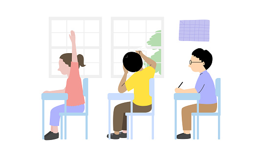 ADHD child boy loses concentration, plays with paper airplanes during classroom, flat vector illustration.