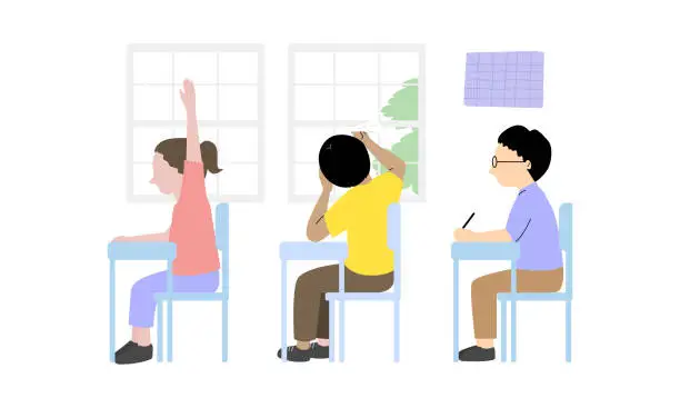 Vector illustration of ADHD child boy loses concentration, plays with paper airplanes during classroom, flat vector illustration.