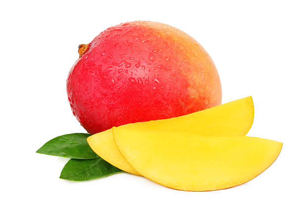istock Ripe mango and green leaves with drops (isolated) 177760742