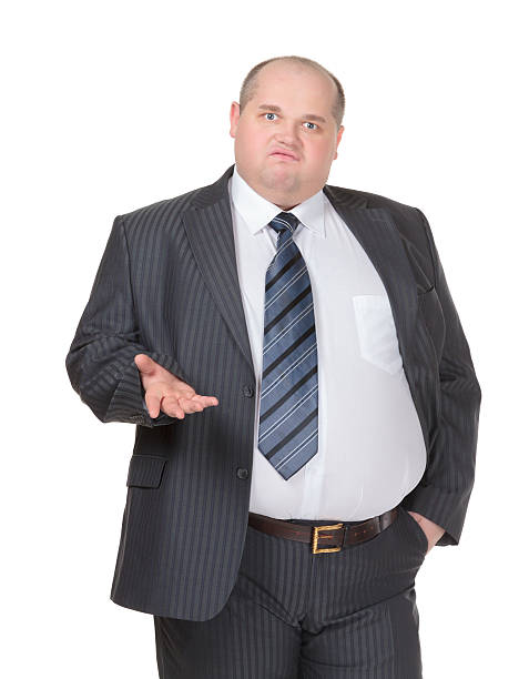 obesi uomo d'affari facendo un punto - overweight men businessman isolated foto e immagini stock