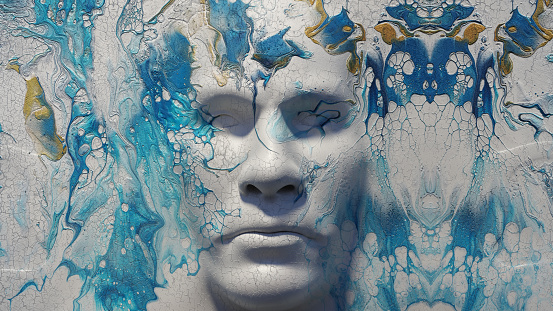 3d rendering of an abstract human face painting. The face was sculpted and textured in Cinema 4d