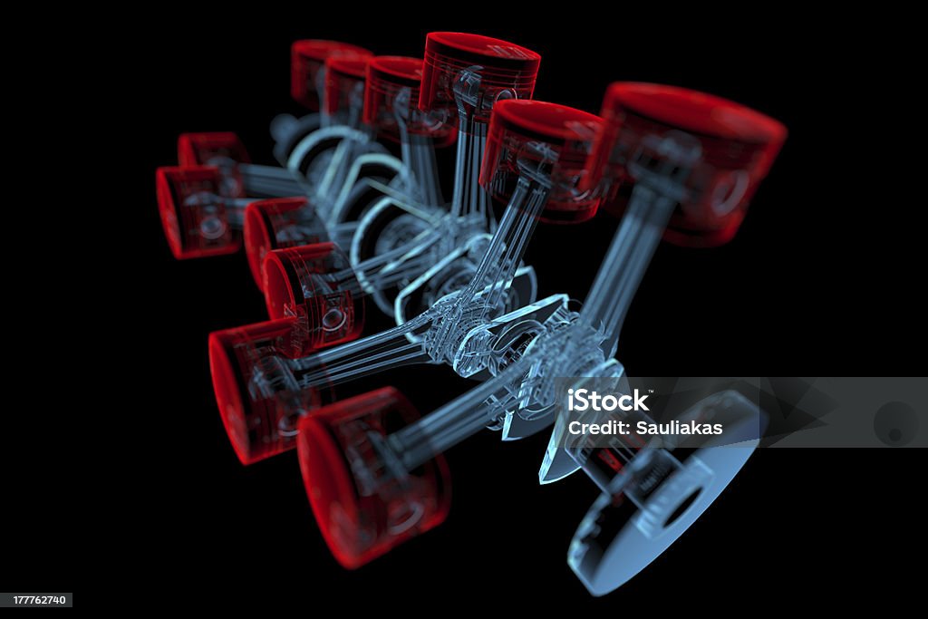 Albero motore, pistoni, radiografie (3D rosso e blu trasparente) - Foto stock royalty-free di Immagine a raggi X