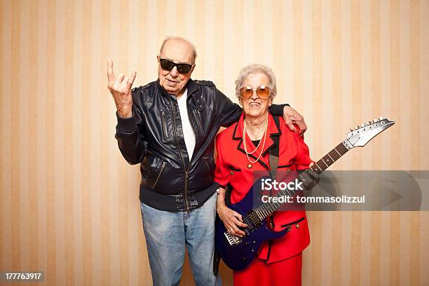 Cool Fashion Elder Couple With Electric Guitar Stock Photo - Download Image Now - Senior Adult, Bizarre, Rock Musician