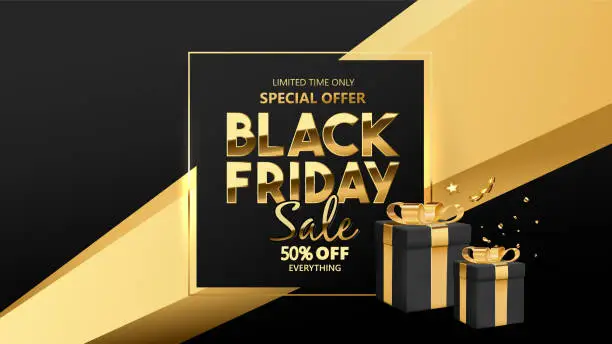 Vector illustration of Black Friday discount promotion design with golden text and golden frame.