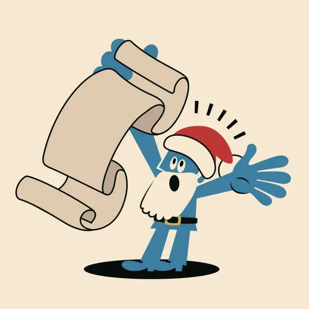 Vector illustration of Happy blue Santa Claus looking at his list of Christmas presents or letters