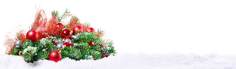 Christmas Fir Branches on Snow with Decoration