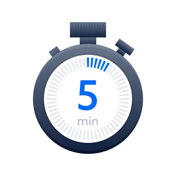 Vector illustration of 5 min timer and Stopwatch icons. Countdown symbol. Kitchen timer icon. Vector illustration