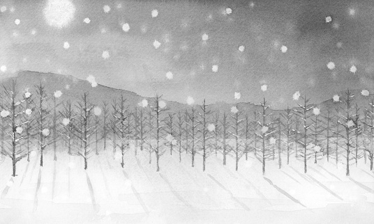 Ink painting of snowy landscape on a full moon night