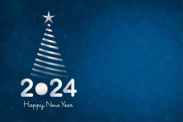 Vector illustration of Silver white metallic colored three dimensional or 3D text 2024 and Happy New Year over dark midnight blue horizontal festive glowing glittering vector backgrounds with a striped Christmas tree with a star