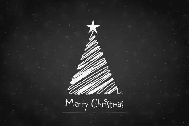 Vector illustration of White colored triangle shaped abstract scribbled tree filled by scribbling and one star at the top of a dark black horizontal Xmas festive vector backgrounds with text message Merry Christmas in fun creative font