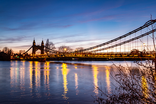 Iconic Hammersmith Bridge Thames River twilight sky West London England Europe