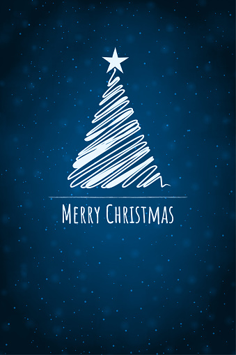 White colored triangular tree filled with scribbles and a star at the top of a navy blue vertical background vector illustration. Can be used as Xmas , New Year day, season's celebrations backdrops, wallpapers, gift wrapping paper sheet, poster ad greeting cards. Small glitter like or glittery dots shining here and there.