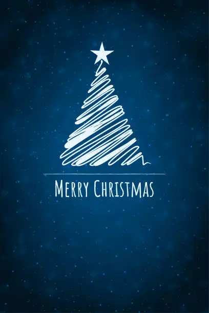 Vector illustration of White colored triangle shaped abstract scribbled tree filled by scribbling and one star at the top of a vibrant dark midnight blue vertical Xmas festive vector backgrounds with text message Merry Christmas