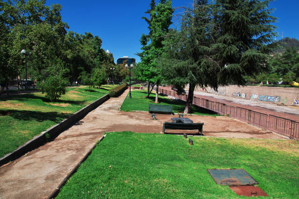 Santiago, Chile - 24 Dec 2019: The park close Mapocho River in Santiago, Chile, South America