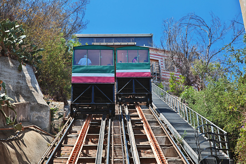 Valparaiso, Chile - 30 Dec 2019: The vintage funicular in Valparaiso, Pacific coast, Chile, South America