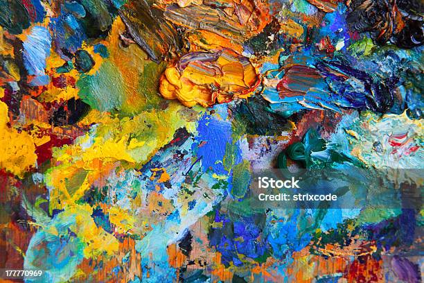 Background Image Of Bright Oilpaint Palette Closeup Stock Photo - Download Image Now