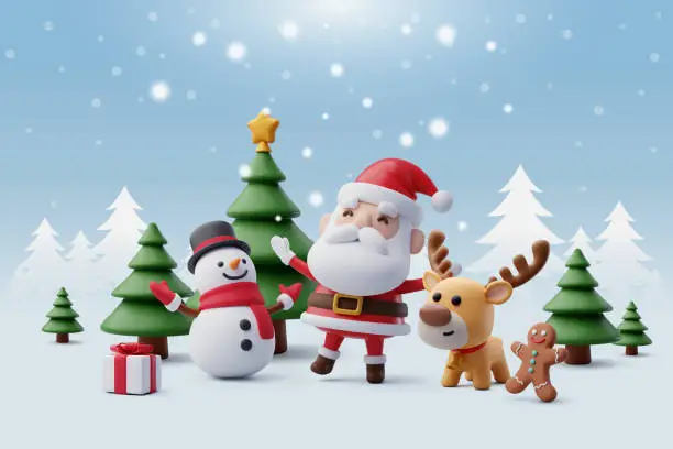 Vector illustration of Santa Claus, Snowman, gingerbread cookie and reindeer are playing with snow celebrate new year party with Christmas tree, Merry Christmas and happy new year greeting concept.