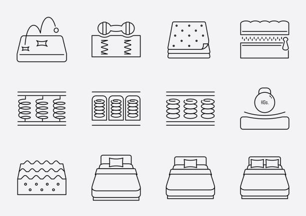 spring mattress icon set spring mattress icon set with bonnell , pocket and continuous spring. with may benefit for sleep. King Size stock illustrations