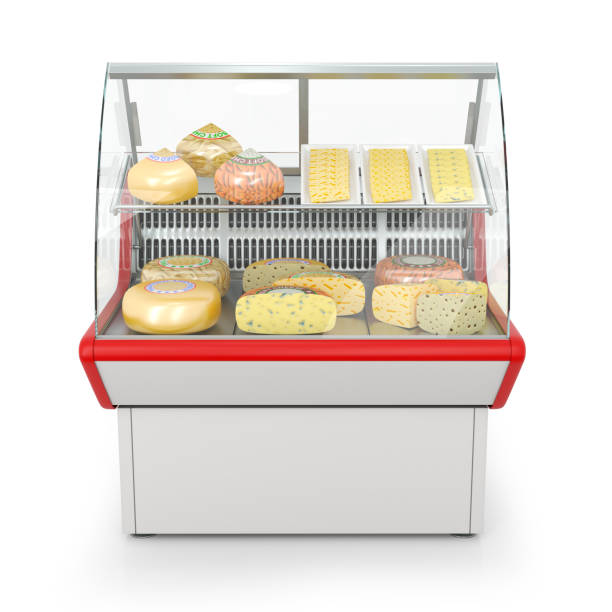 Refrigerated display case for cheese in a supermarket