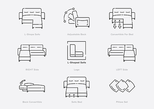 L shape smart sofa line icon set with smart function convertible for bed vector illustration.