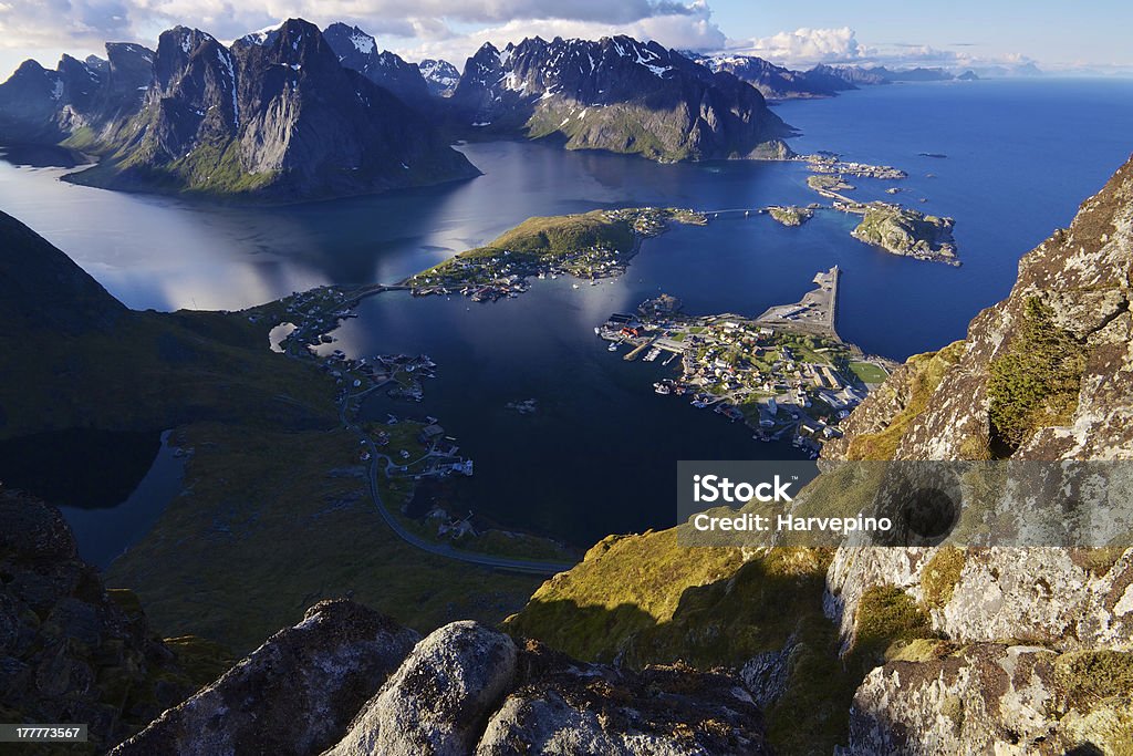 Lofoten islands Scenic view of Lofoten islands from top of mountain Reinebringen with picturesque town of Reine and surrounding fjords Aerial View Stock Photo