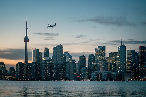 Toronto, Canada – October 26, 2023: A scenic view of the skyline of Toronto, Canada, during a beautiful sunset.