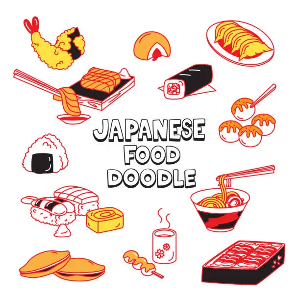 Vector illustration of Doodle Japanese food. Hand drawing vector illustration Japanese food.