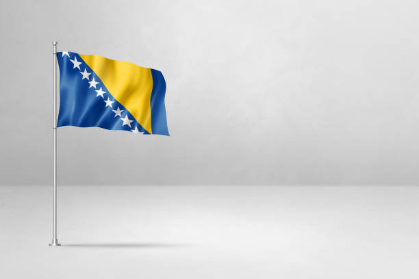 보스니아 헤르체고비나 국기는 흰색 콘크리트 벽에 고립되어 있습니다. - bosnia herzegovinan flag 뉴스 사진 이미지