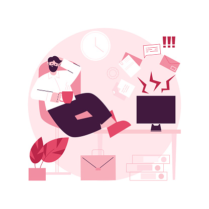 Procrastination abstract concept vector illustration. Unprofitable time spending, useless pastime, bored in office, avoidance of working, lack of motivation, professional burnout abstract metaphor.