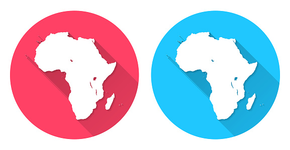 Map of Africa with long shadow style on colored circle buttons. Two map versions included in the bundle: - One white map on a pink / red circle button. - One white map on a blue circle button. Vector Illustration (EPS file, well layered and grouped). Easy to edit, manipulate, resize or colorize. Vector and Jpeg file of different sizes.