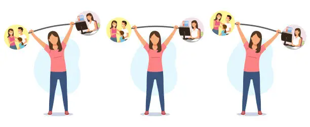 Vector illustration of Work Life Balance- Woman Weightlifting Family and Job