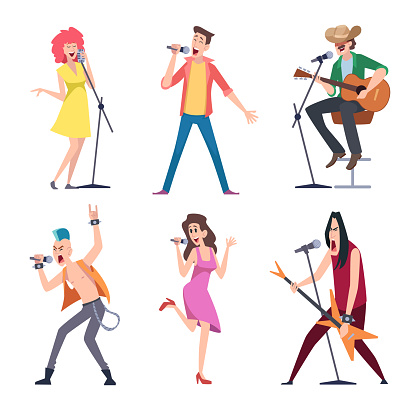 Singers. Active perform people musicians with microphone exact vector singers in action poses cartoon people. Illustration of musician singer performance